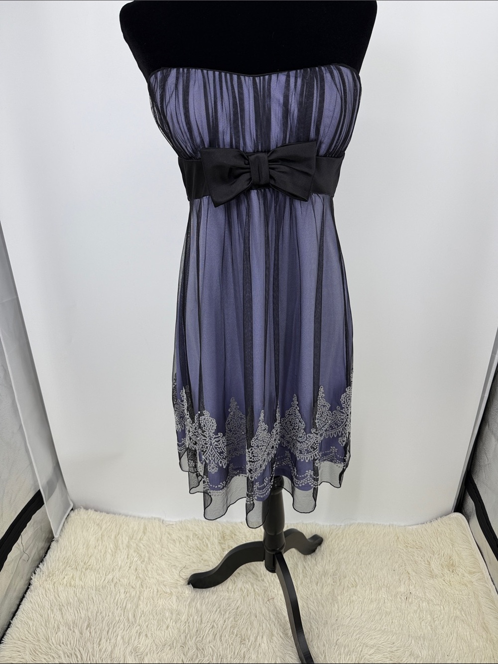Y2K Style Strapless Purple Chiffon Party Dress with Black Bow Size L